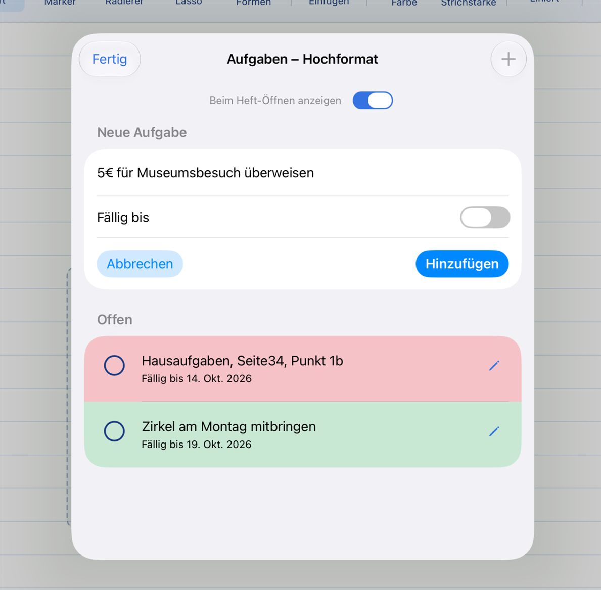 Aufgabenliste eines Hefts mit farbig markierten Fälligkeiten