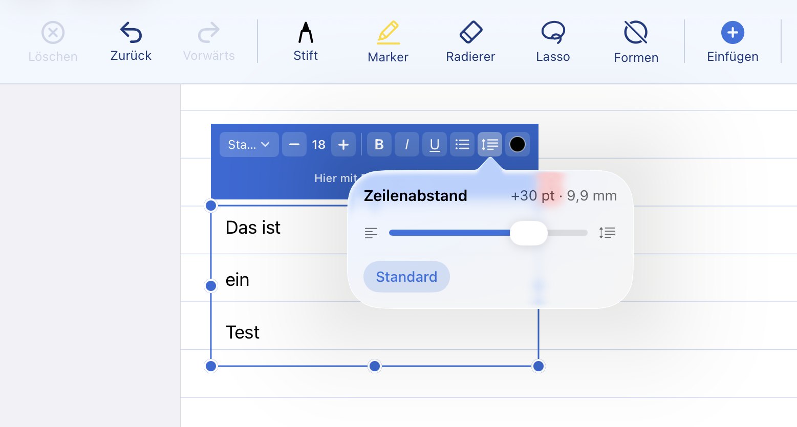 Textfeld-Menü mit dem Regler für den Zeilenabstand und der Anzeige in Punkt und Millimeter