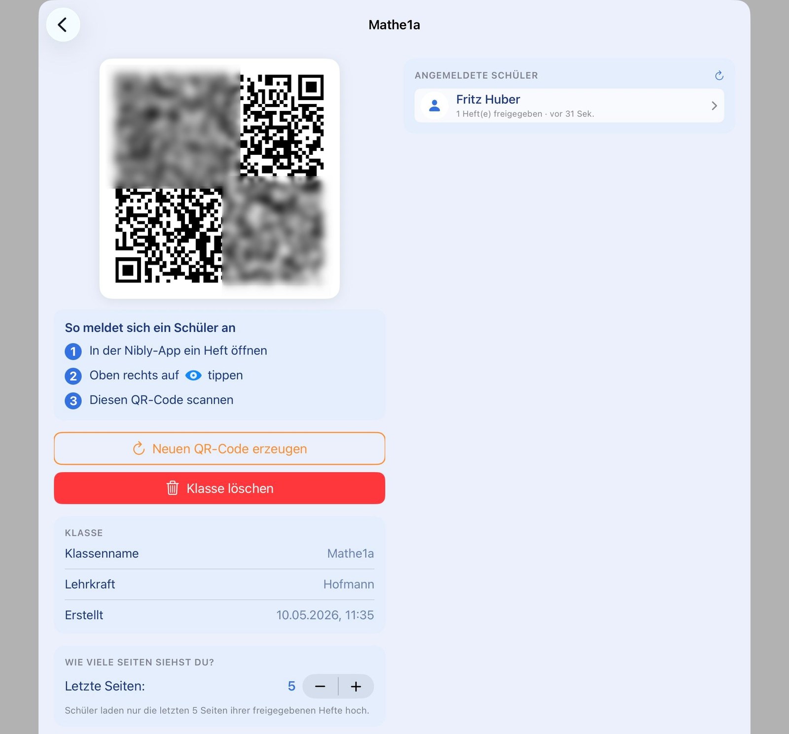 Class details with QR code and signed-in students